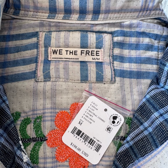NWT We The Free Blue Plaid Sashiko Flannel Shirt with Floral Embroidery M - Picture 3 of 11